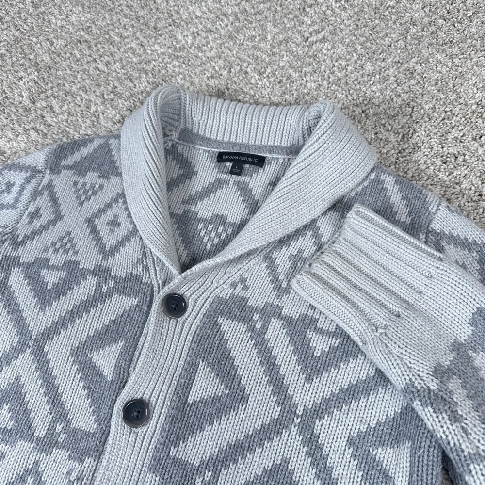 Banana Republic Cardigan Mens Large Gray Fair Isle Merino Wool Blend Cabin Shawl
